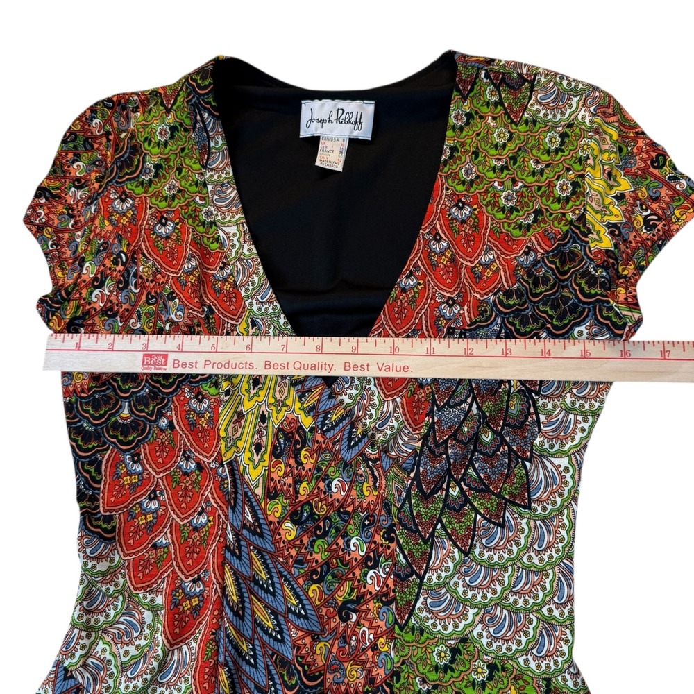 Joseph Ribkoff Dress Women 8 Paisley Peacock Print V Neck MIDI Multicolor - Picture 11 of 14